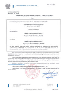 Certyfikat GMP Olimp Laboratories Nawczyna