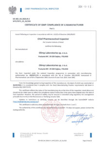 Certyfikat GMP Olimp Laboratories Pustynia