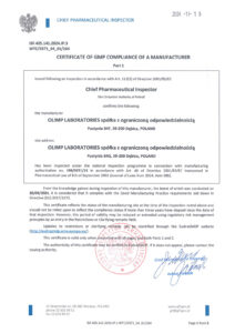 Certyfikat GMP Olimp Laboratories Pustynia